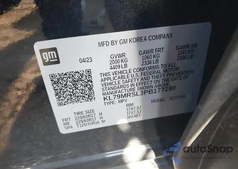 2023 Chevrolet Trailblazer Awd Lt z USA, uszkodzony, nr VIN KL79MRSL3PB177290